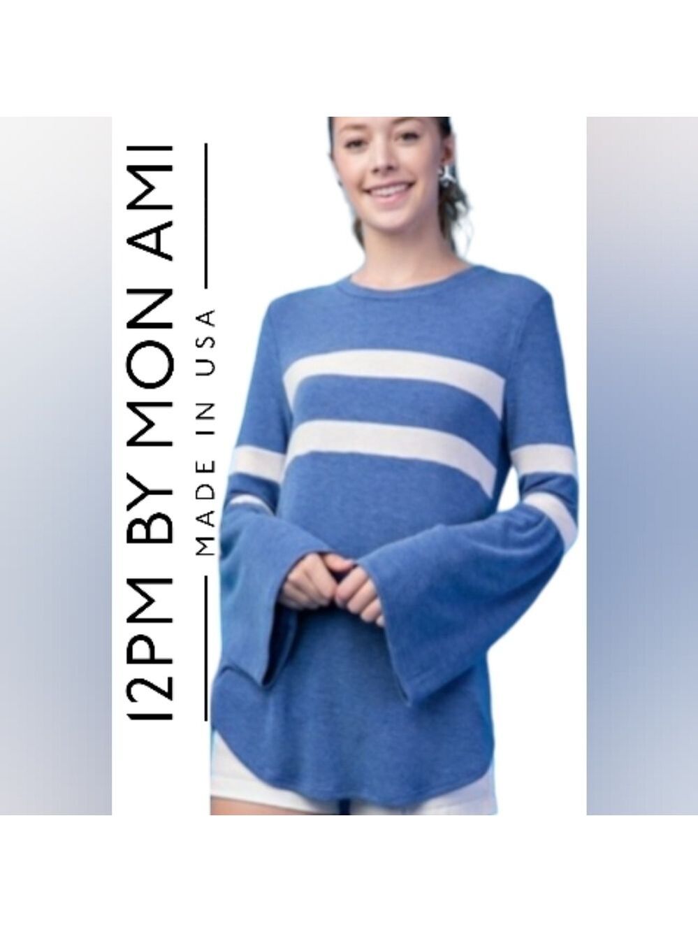 12 PM BY MON AMI Terry Varsity Bell Sleeve Blue & White Sweater Size Large NWT